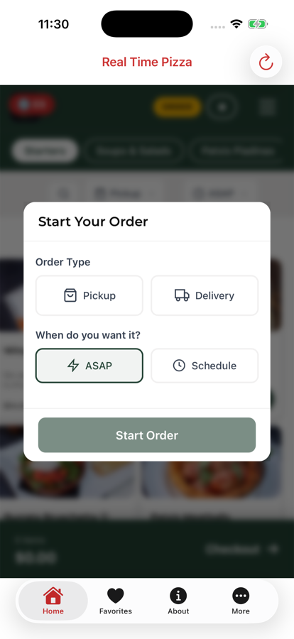 Branded iPhone app opening on Start Your Order