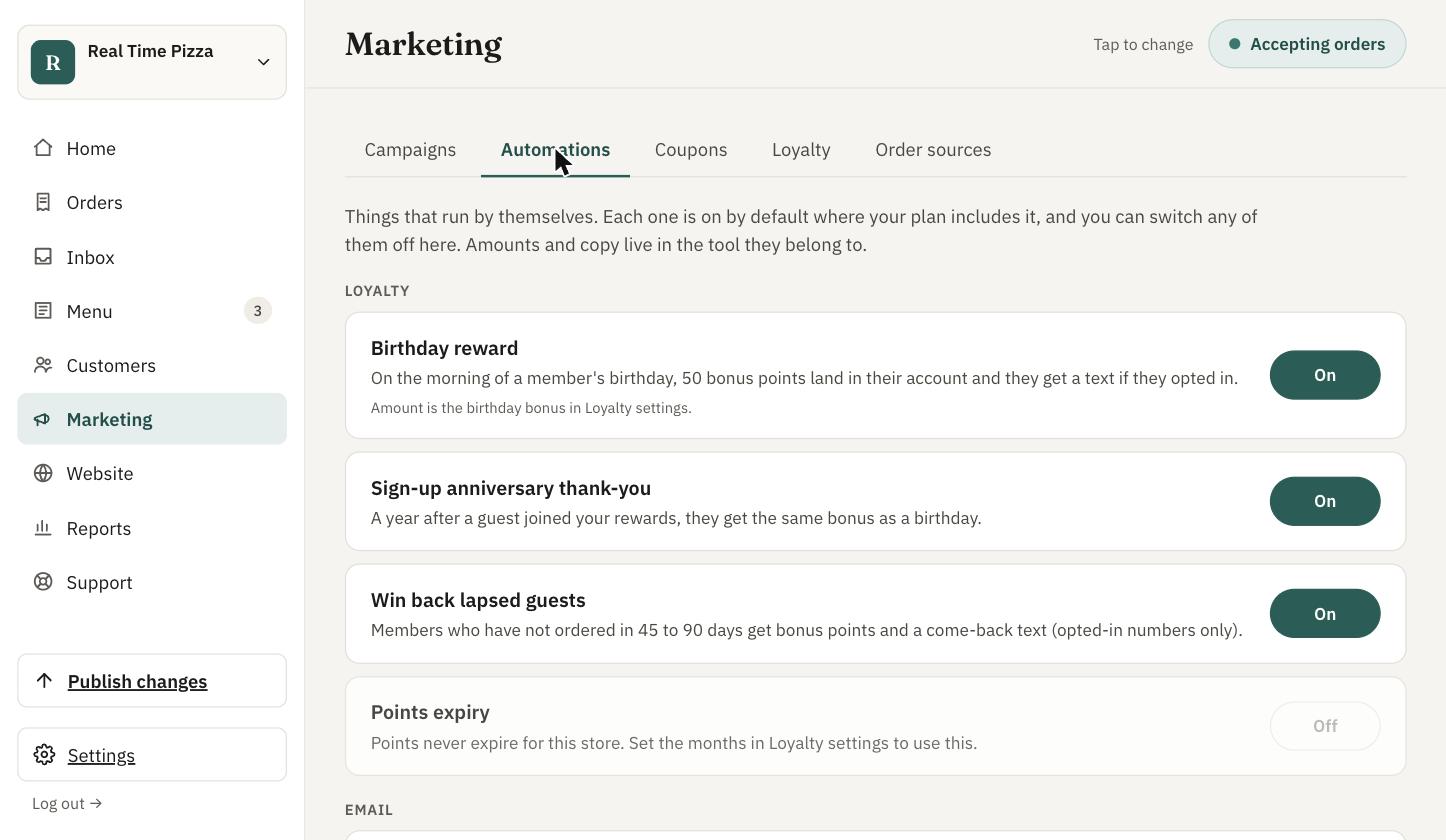 Automations: birthday reward, sign-up anniversary, win back lapsed guests, each switched on or off