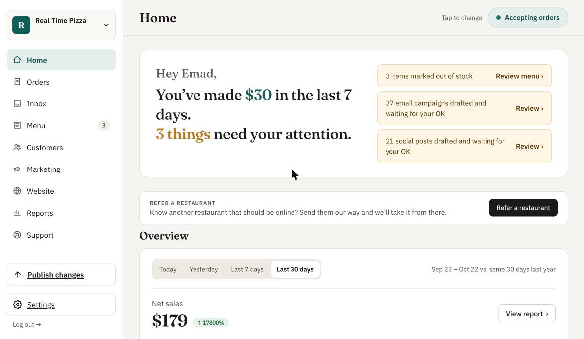 Command Center home: sales for the last 7 days and the things that need attention
