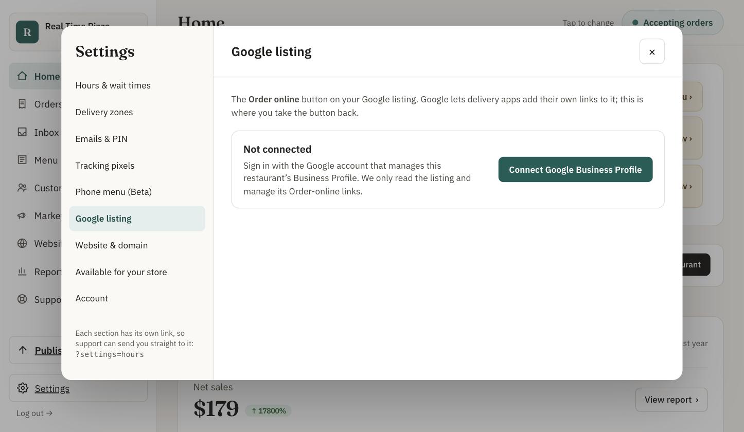 Command Center Google listing screen with Connect Google Business Profile