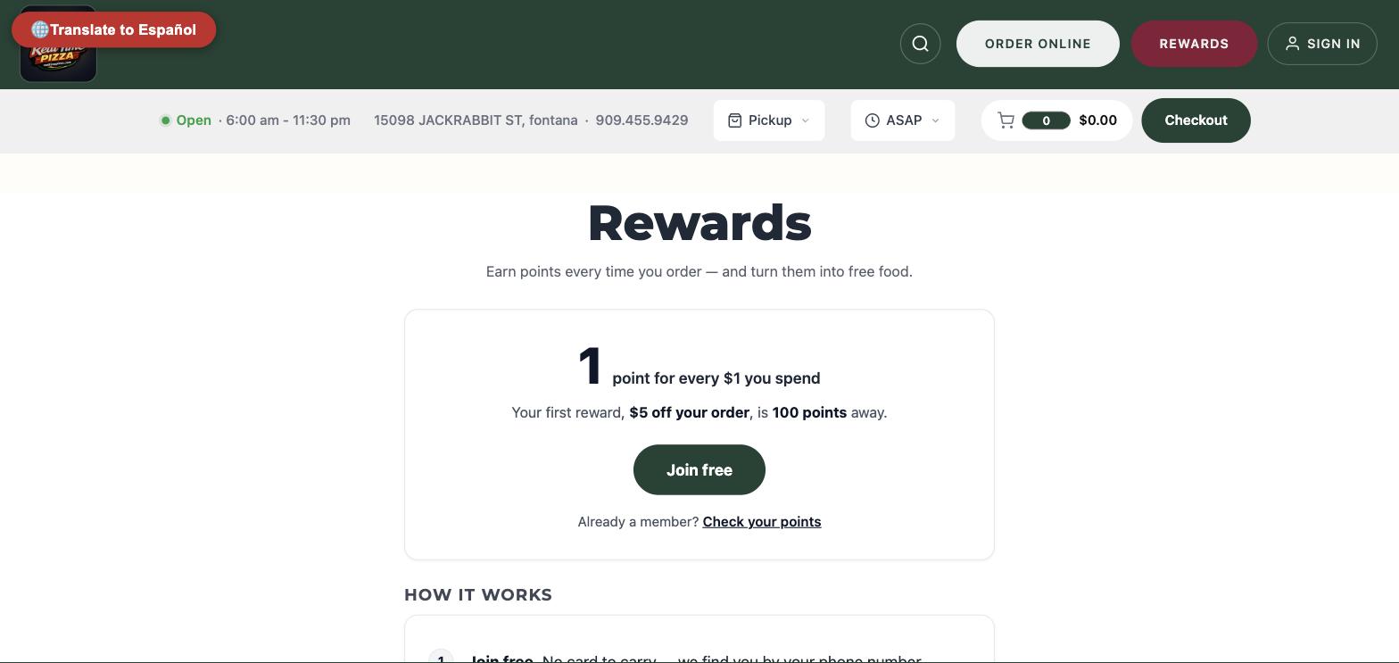 Rewards page: 1 point for every dollar, $5 off at 100 points, Join free