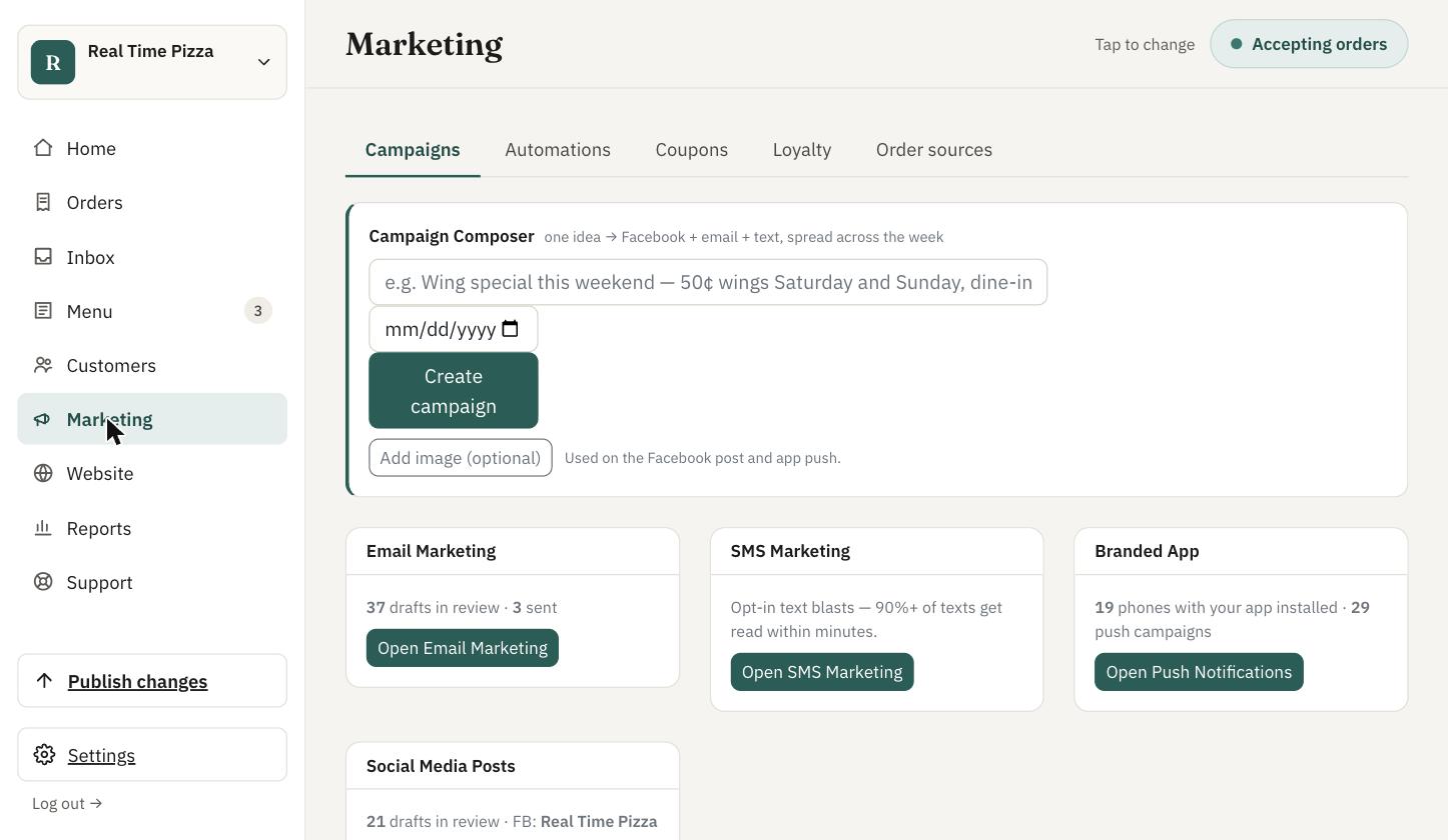 Marketing tab: Campaign Composer plus email, text, branded app and social media cards