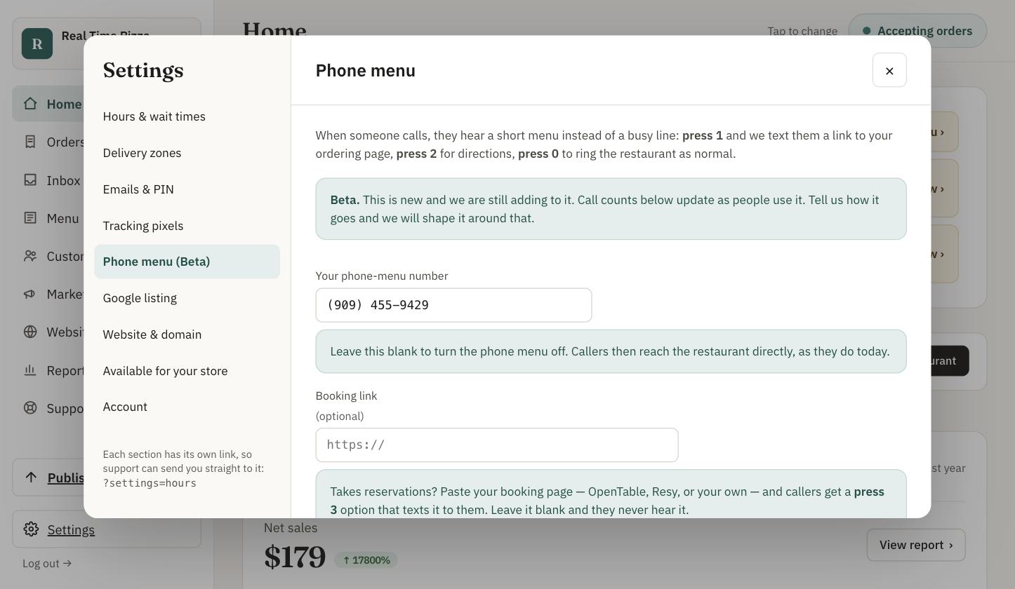 Phone menu settings: press 1 to get the ordering link by text, 2 for directions, 0 for the restaurant