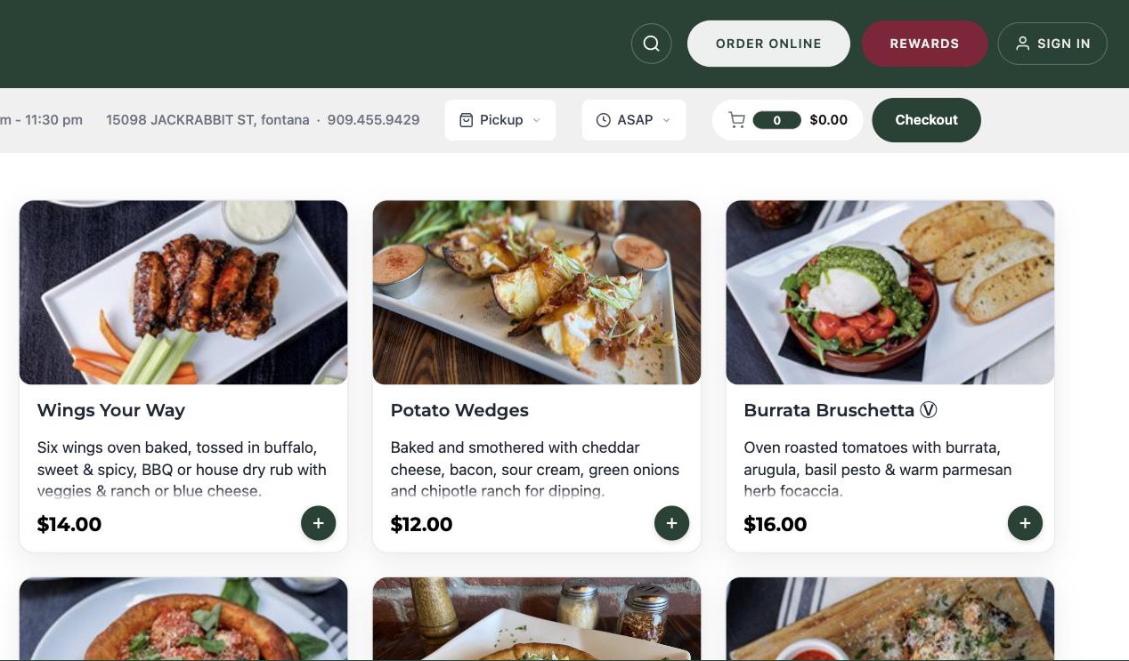 Online ordering page: menu with photos, pickup or delivery, ASAP or scheduled